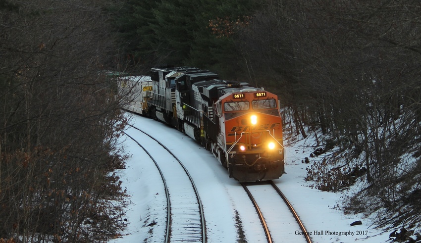 Photo of BNSF 6571 Leads an Intermodal Train through Montague, MA.