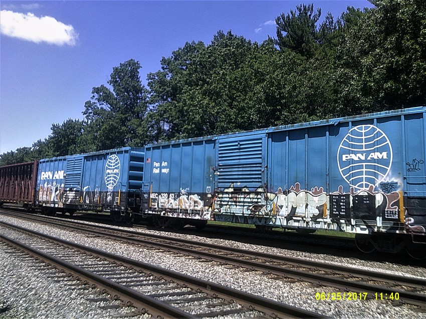 Photo of 2 Pan Am boxcars with slightly different lettering(minus the grafitti)