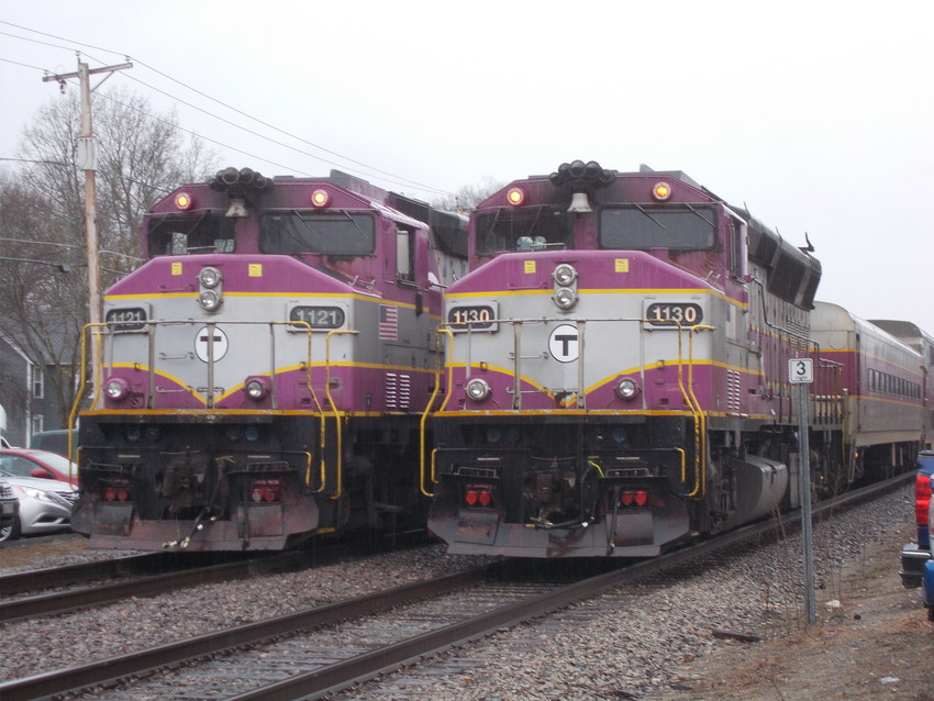Photo of 2 MBTA commtuer trains stopped in Shirley Ma