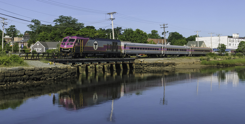 Photo of Cape Flyer at Wareham with MBTA 2031 Beside Calm Water