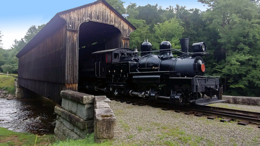 Photo of Shay Logging Locomotive First Time Through Covered Bridge.