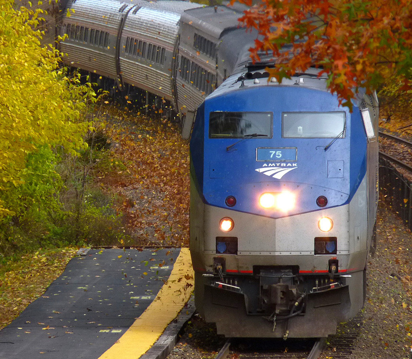 Photo of Amtrak 449 kicks up the leaves at Wellesley Square