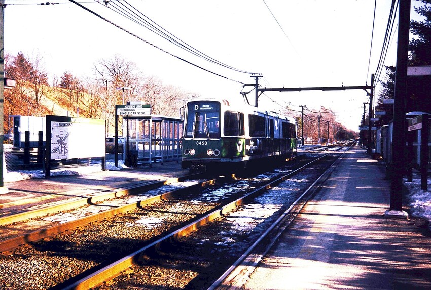 Photo of MBTA Boeing LRV # 3458 at Woodland Station in January 1990
