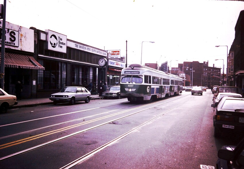 Photo of MBTA PCC # 3237 on Center Street in the Jamaica Plain neighborhood of Boston, MA